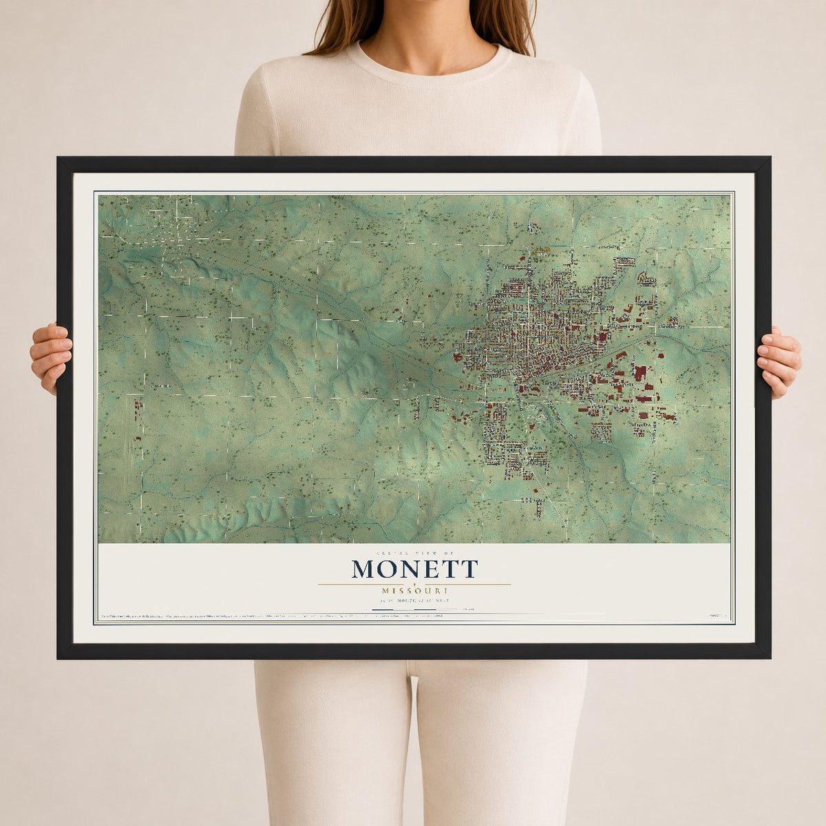 Map of Monett, Missouri, 24 x 36 inch print in a black wood frame
