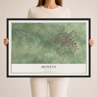 Map of Monett, Missouri, 24 x 36 inch print in a black wood frame