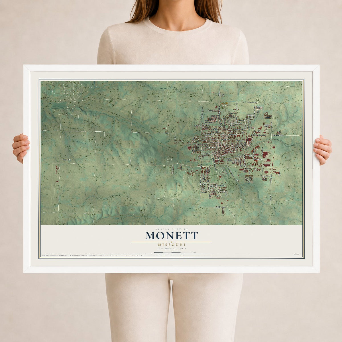 Map of Monett, Missouri, 24 x 36 inch print in a white wood frame