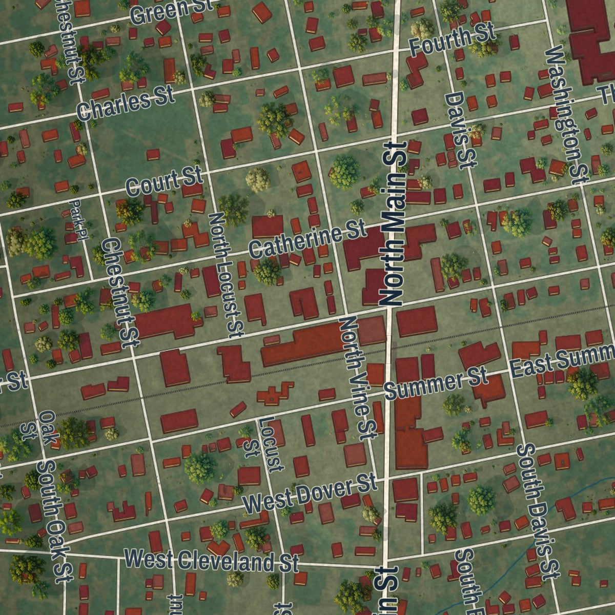 Close-up of the map of Monroe City, Missouri print showing street and building detail