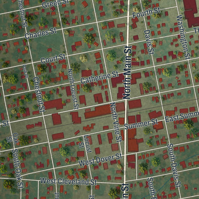 Close-up of the map of Monroe City, Missouri print showing street and building detail