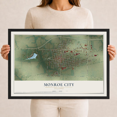 Map of Monroe City, Missouri, 12 x 18 inch print in a black wood frame