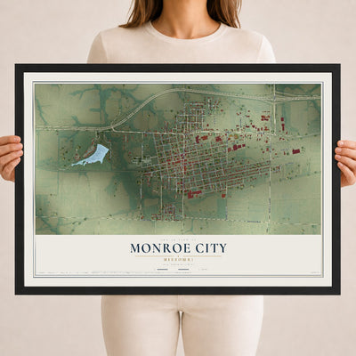 Map of Monroe City, Missouri, 18 x 24 inch print in a black wood frame