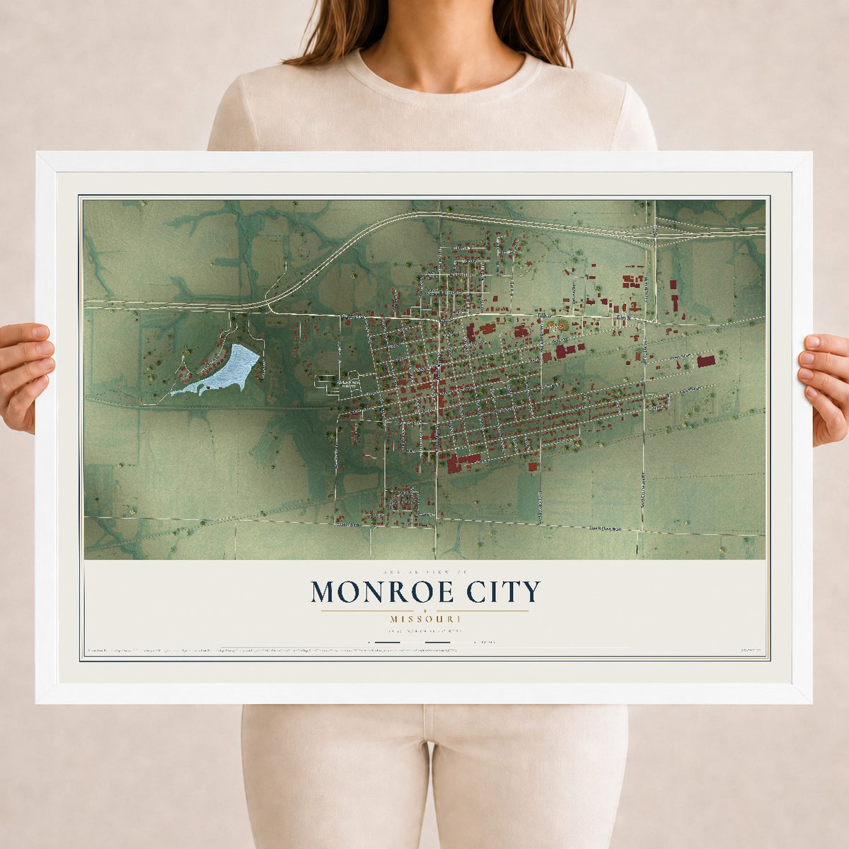 Map of Monroe City, Missouri, 18 x 24 inch print in a white wood frame
