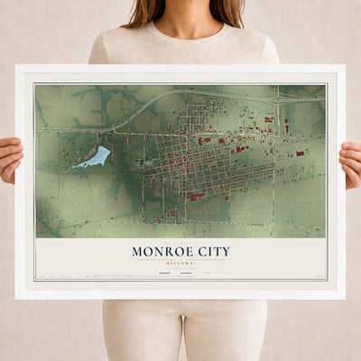 Map of Monroe City, Missouri, 18 x 24 inch print in a white wood frame