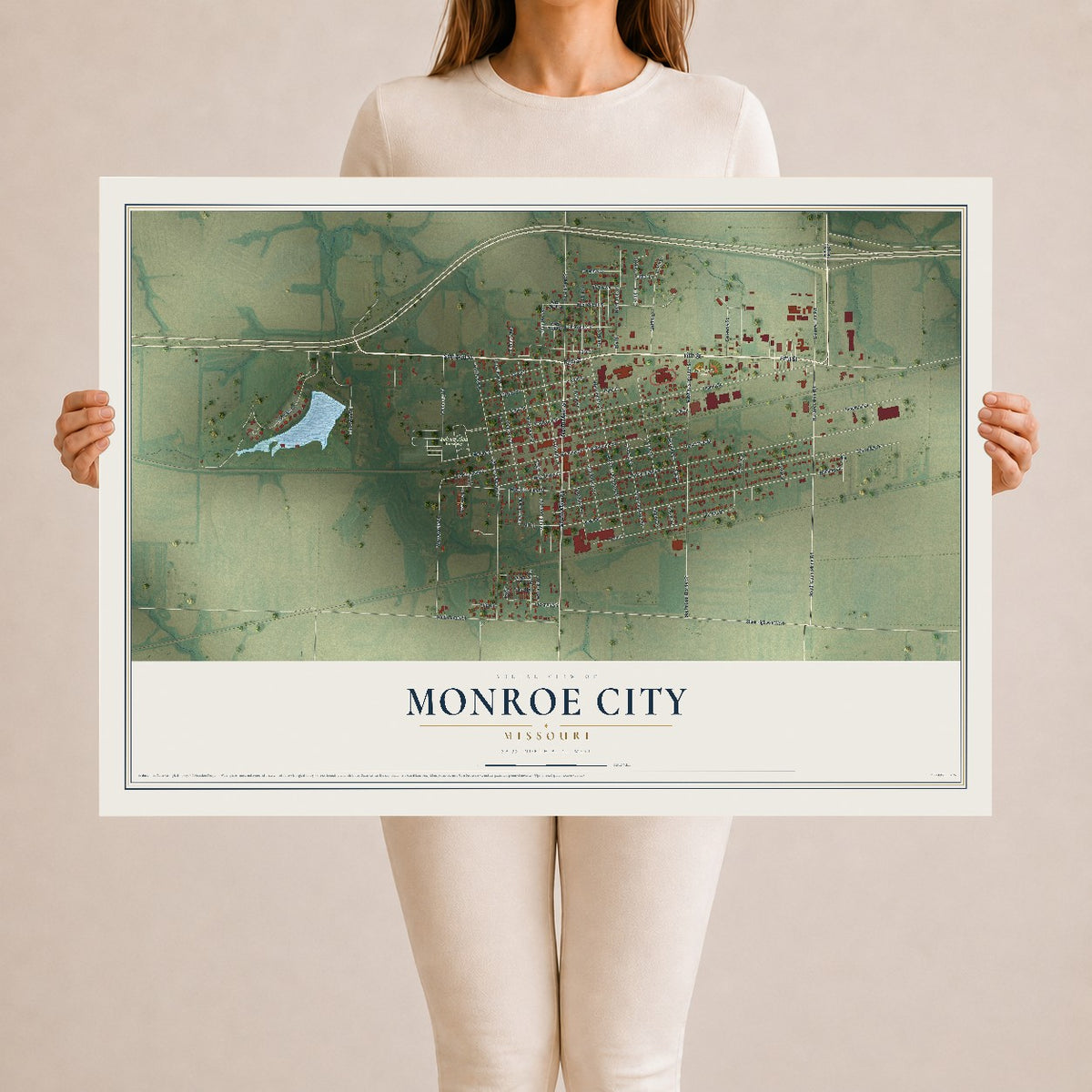 Map of Monroe City, Missouri, 24 x 36 inch unframed archival matte print