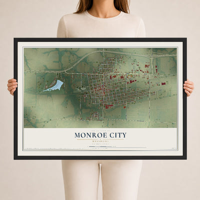 Map of Monroe City, Missouri, 24 x 36 inch print in a black wood frame