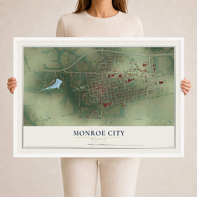 Map of Monroe City, Missouri, 24 x 36 inch print in a white wood frame