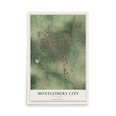 Map of Montgomery City, Missouri, 12 x 18 inch unframed archival matte print