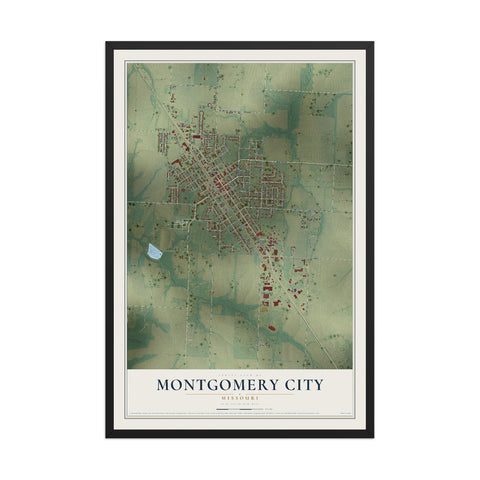 Map of Montgomery City, Missouri, 12 x 18 inch print in a black wood frame