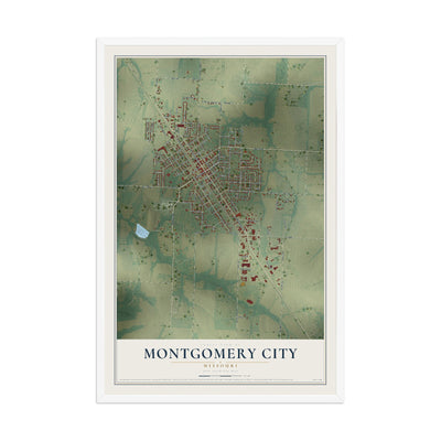 Map of Montgomery City, Missouri, 12 x 18 inch print in a white wood frame