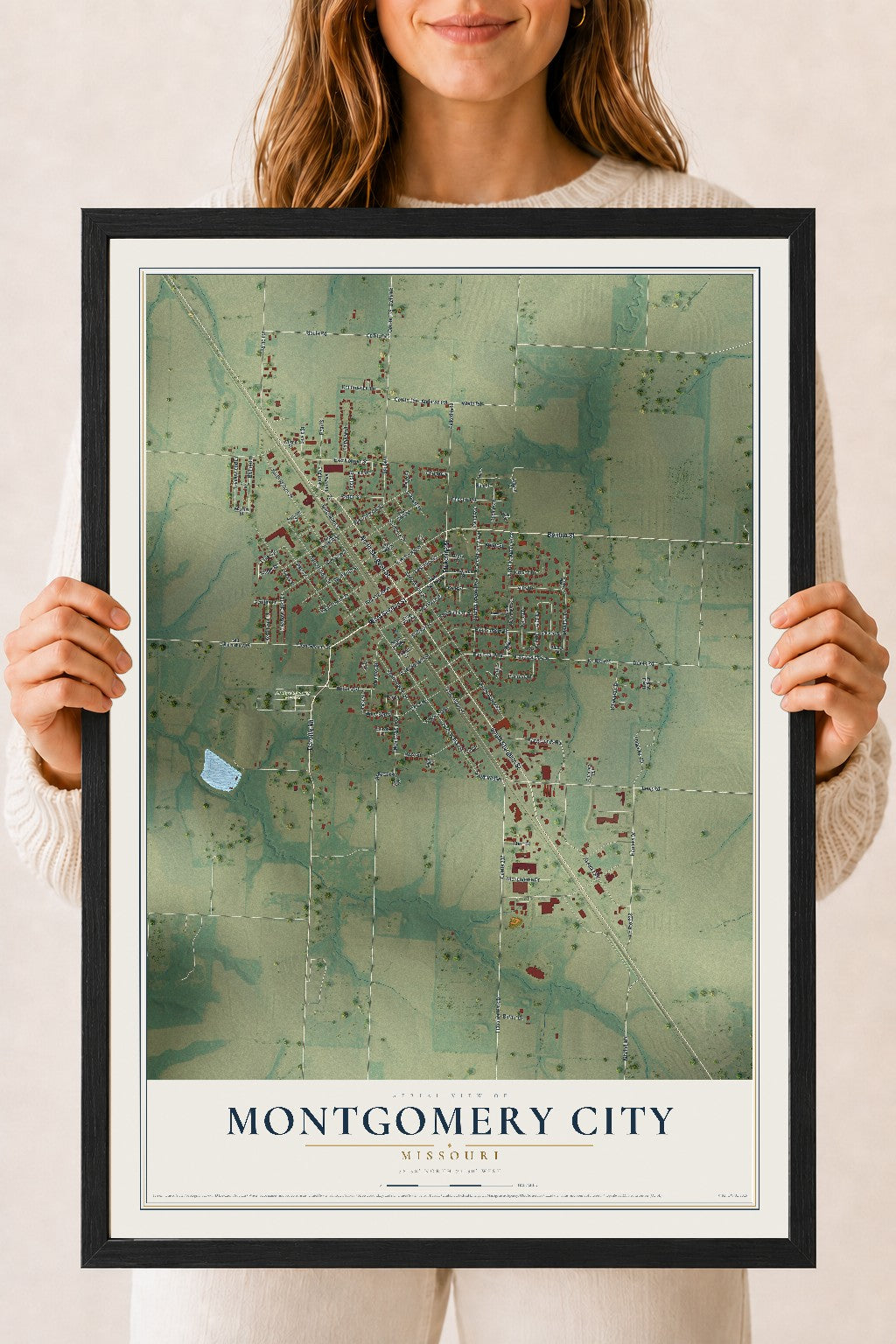 Map of Montgomery City, Missouri, 18 x 24 inch print in a black wood frame