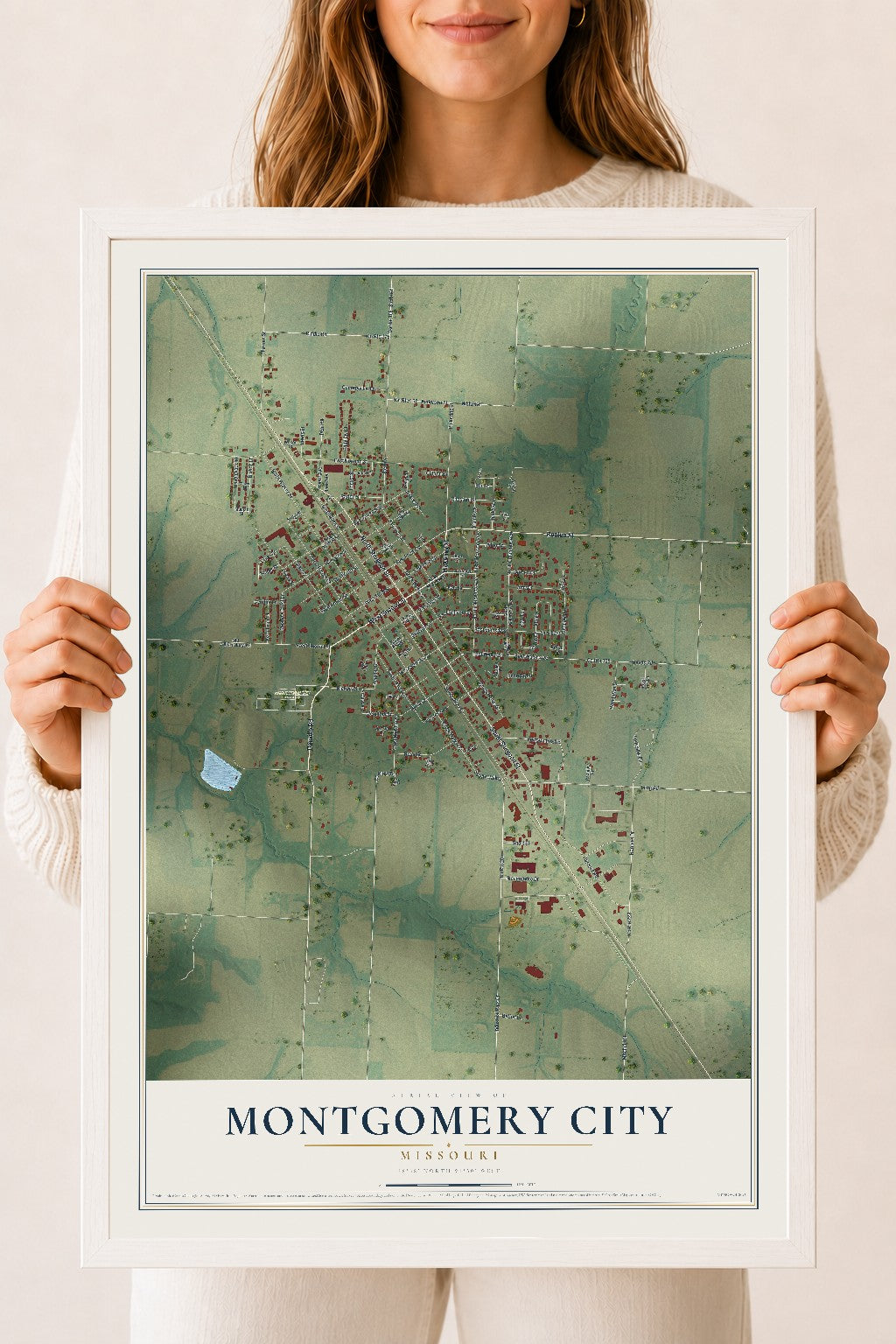Map of Montgomery City, Missouri, 18 x 24 inch print in a white wood frame