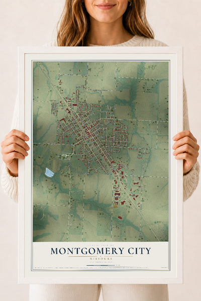 Map of Montgomery City, Missouri, 18 x 24 inch print in a white wood frame