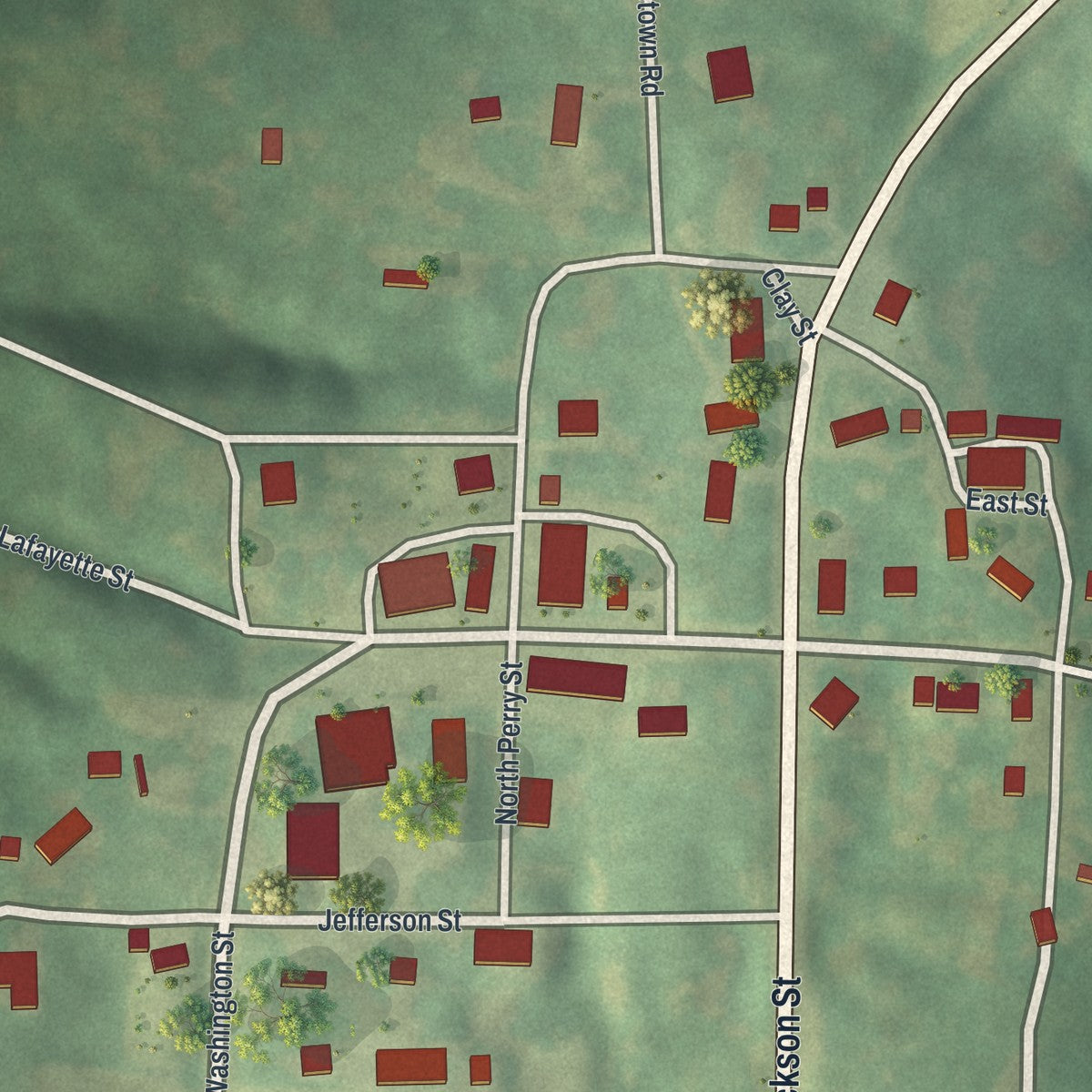 Close-up of the map of Monticello, Missouri print showing street and building detail