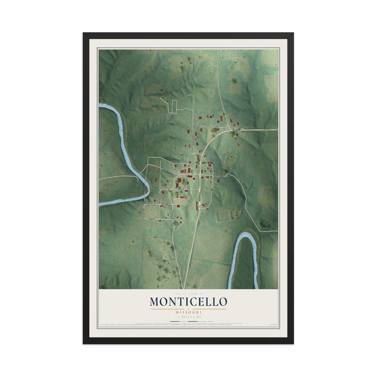 Map of Monticello, Missouri, 12 x 18 inch print in a black wood frame