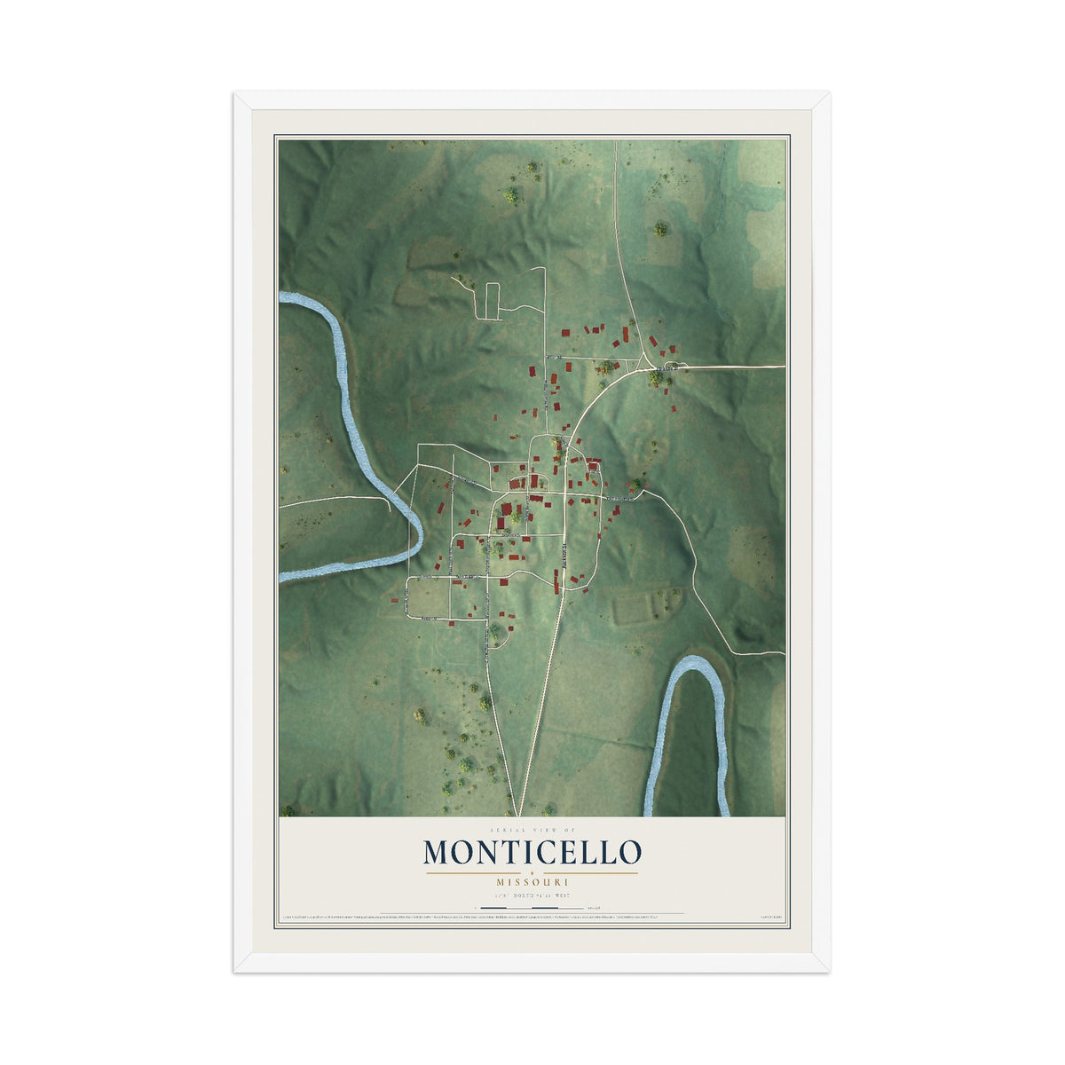 Map of Monticello, Missouri, 12 x 18 inch print in a white wood frame