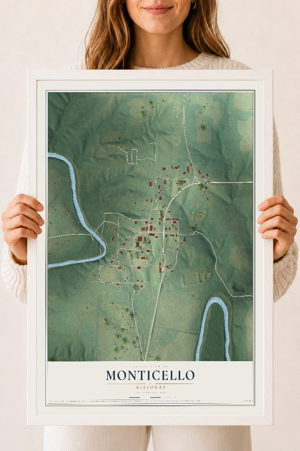 Map of Monticello, Missouri, 18 x 24 inch print in a white wood frame