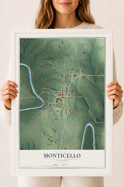 Map of Monticello, Missouri, 18 x 24 inch print in a white wood frame