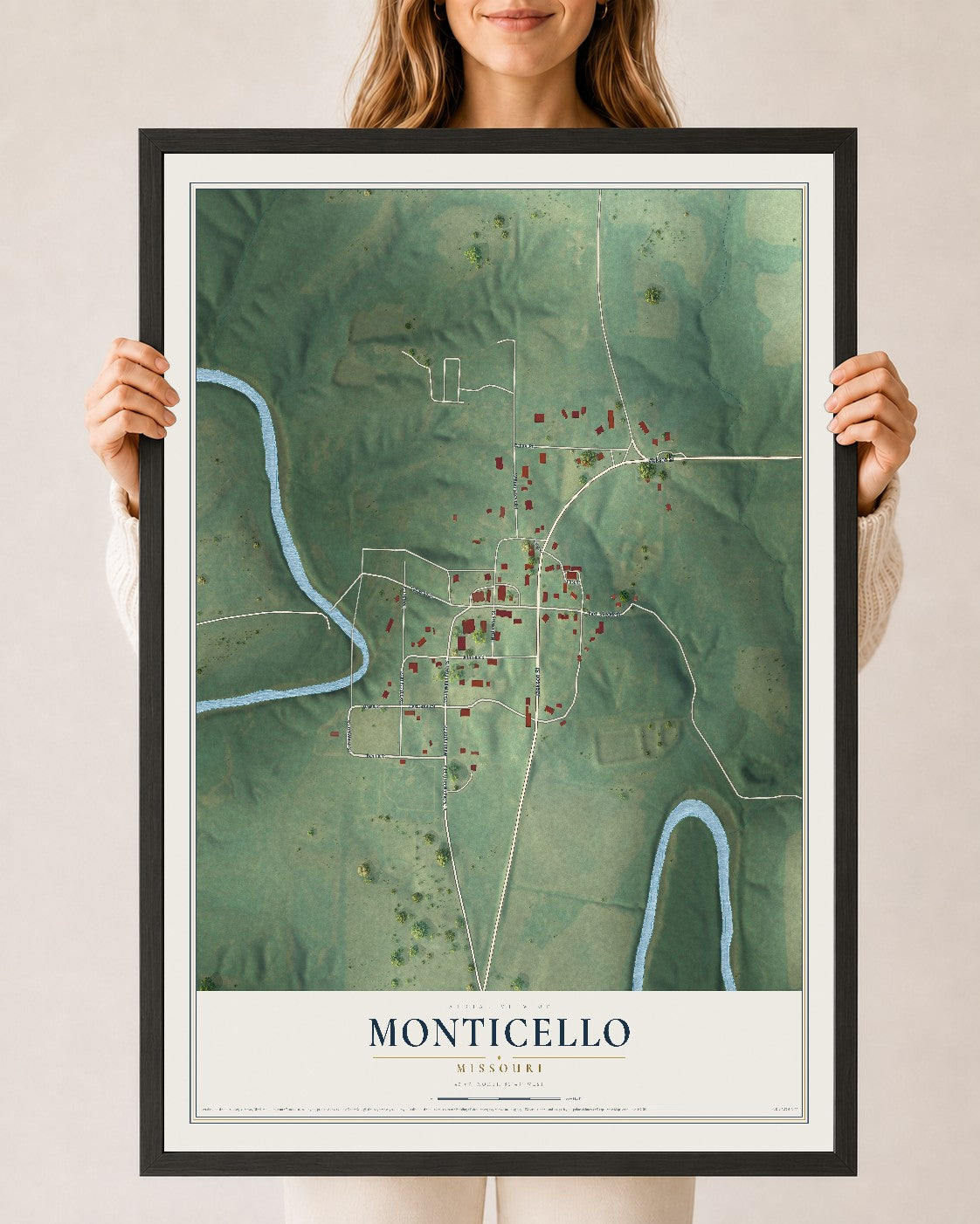 Map of Monticello, Missouri, 24 x 36 inch print in a black wood frame
