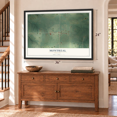 Montreal, Missouri map, 24 x 36 inch print in a black frame above a dresser by a staircase