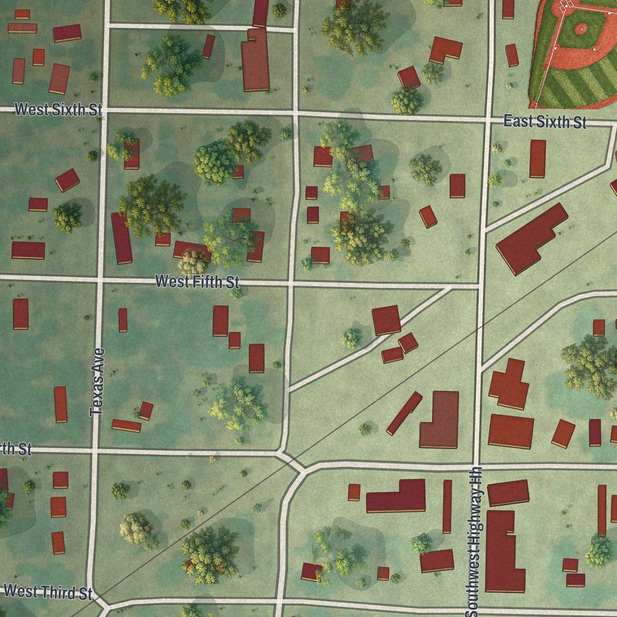 Close-up of the map of Montrose, Missouri print showing street and building detail