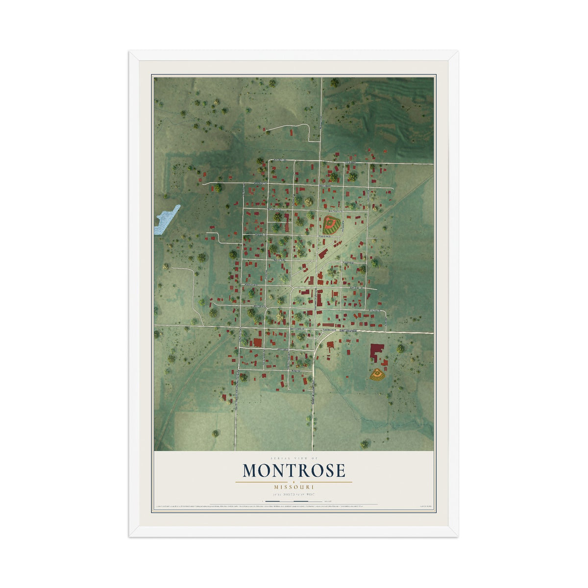 Map of Montrose, Missouri, 12 x 18 inch print in a white wood frame
