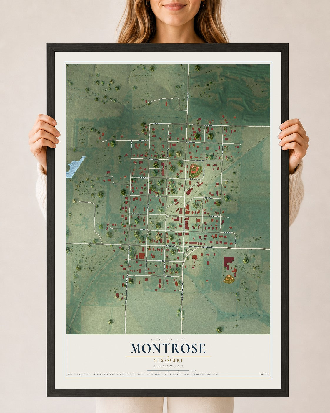 Map of Montrose, Missouri, 24 x 36 inch print in a black wood frame