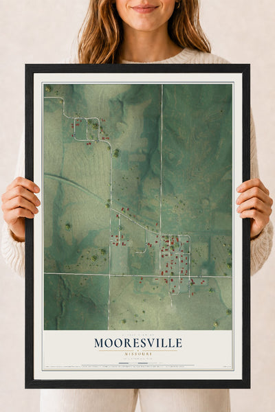Map of Mooresville, Missouri, 18 x 24 inch print in a black wood frame