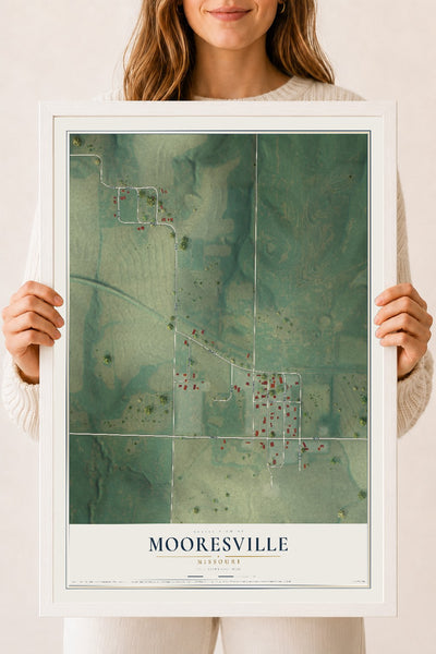 Map of Mooresville, Missouri, 18 x 24 inch print in a white wood frame
