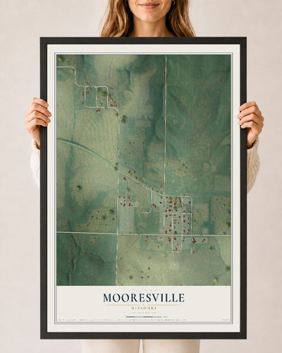 Map of Mooresville, Missouri, 24 x 36 inch print in a black wood frame