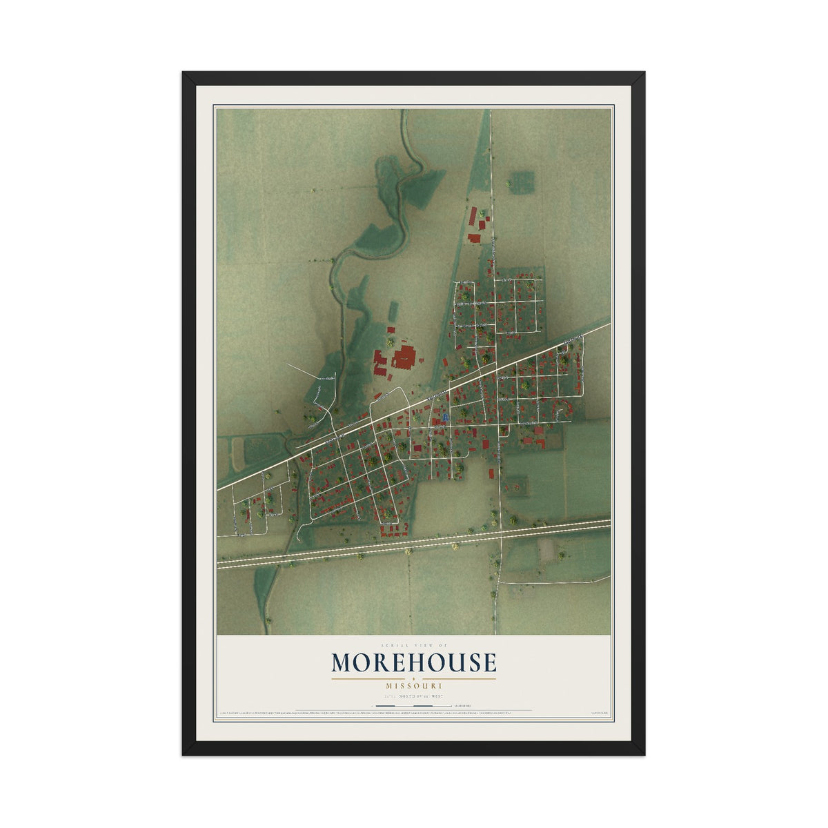 Map of Morehouse, Missouri, 12 x 18 inch print in a black wood frame