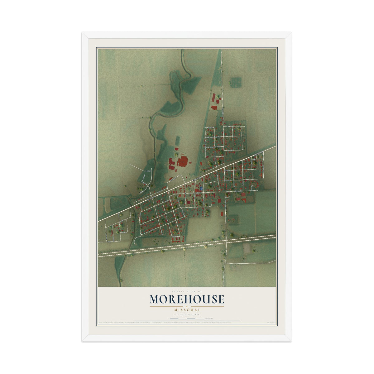 Map of Morehouse, Missouri, 12 x 18 inch print in a white wood frame