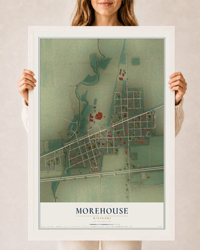 Map of Morehouse, Missouri, 24 x 36 inch print in a white wood frame