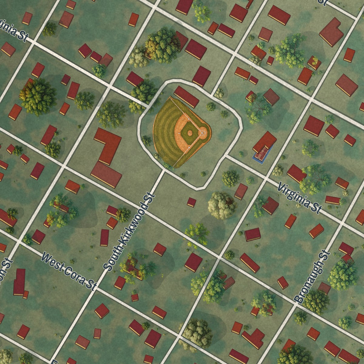 Close-up of the map of Morley, Missouri print showing street and building detail