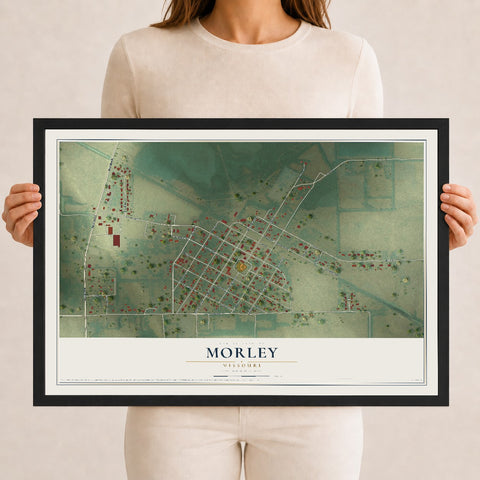 Map of Morley, Missouri, 12 x 18 inch print in a black wood frame