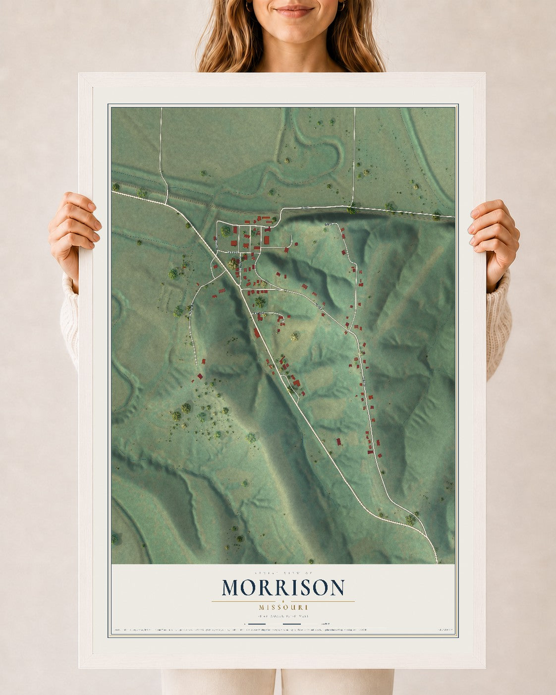Map of Morrison, Missouri, 24 x 36 inch print in a white wood frame