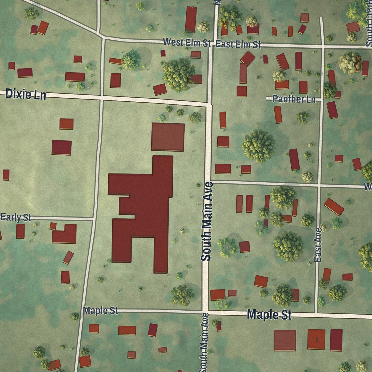 Close-up of the map of Morrisville, Missouri print showing street and building detail