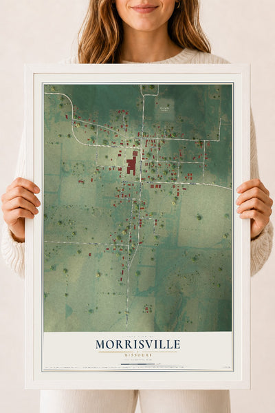 Map of Morrisville, Missouri, 18 x 24 inch print in a white wood frame