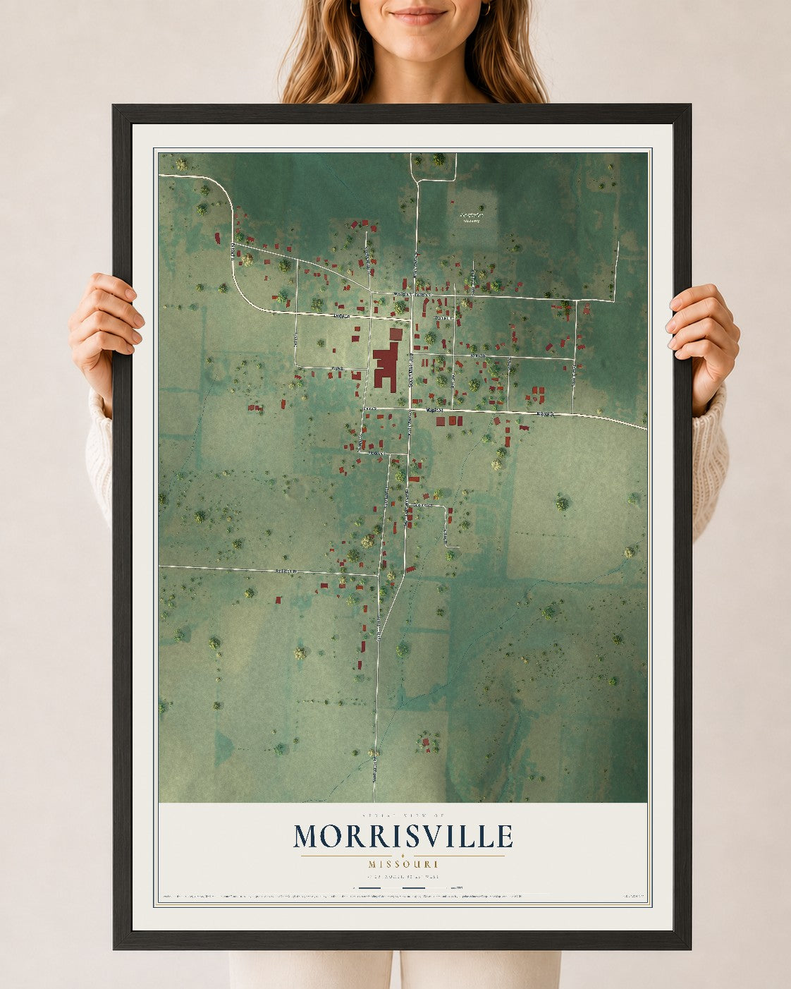Map of Morrisville, Missouri, 24 x 36 inch print in a black wood frame