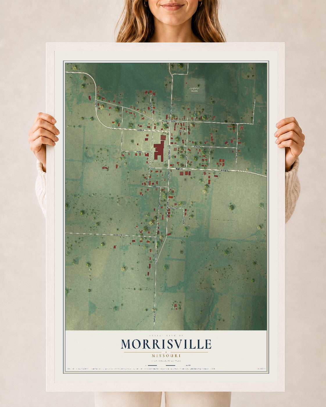 Map of Morrisville, Missouri, 24 x 36 inch print in a white wood frame