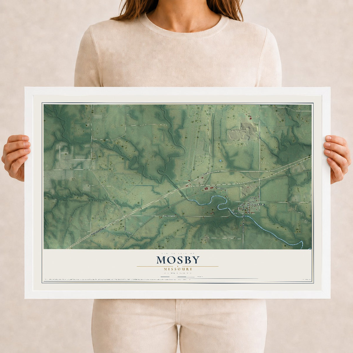 Map of Mosby, Missouri, 12 x 18 inch print in a white wood frame