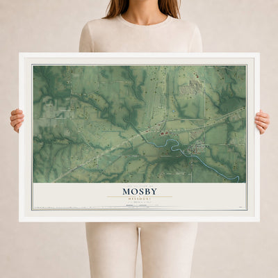 Map of Mosby, Missouri, 24 x 36 inch print in a white wood frame