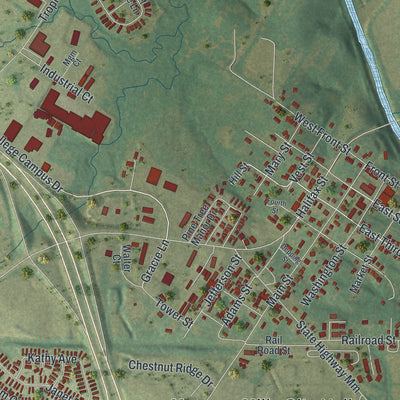 Close-up of the map of Moscow Mills, Missouri print showing street and building detail