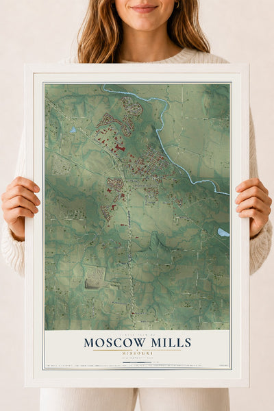 Map of Moscow Mills, Missouri, 18 x 24 inch print in a white wood frame