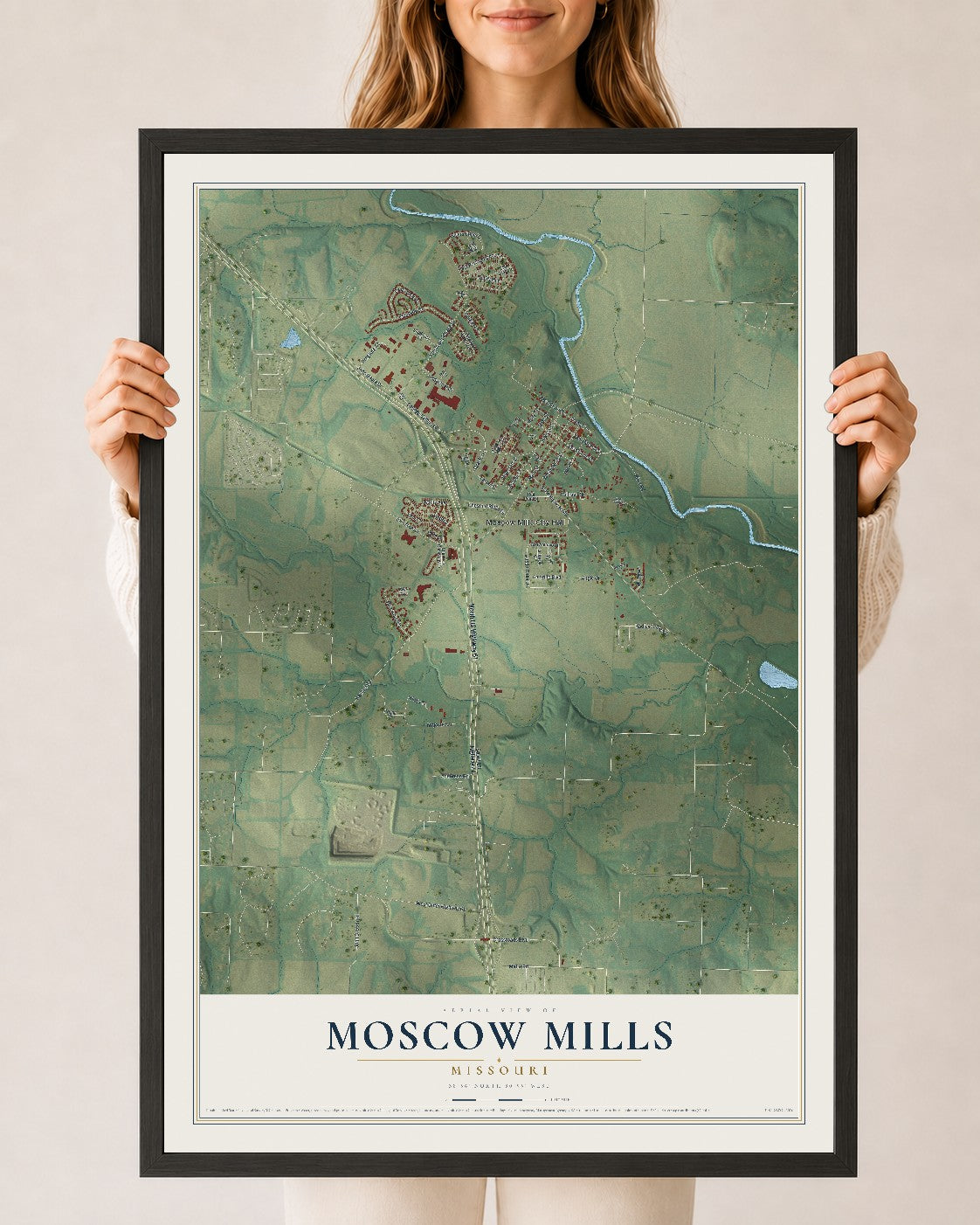 Map of Moscow Mills, Missouri, 24 x 36 inch print in a black wood frame