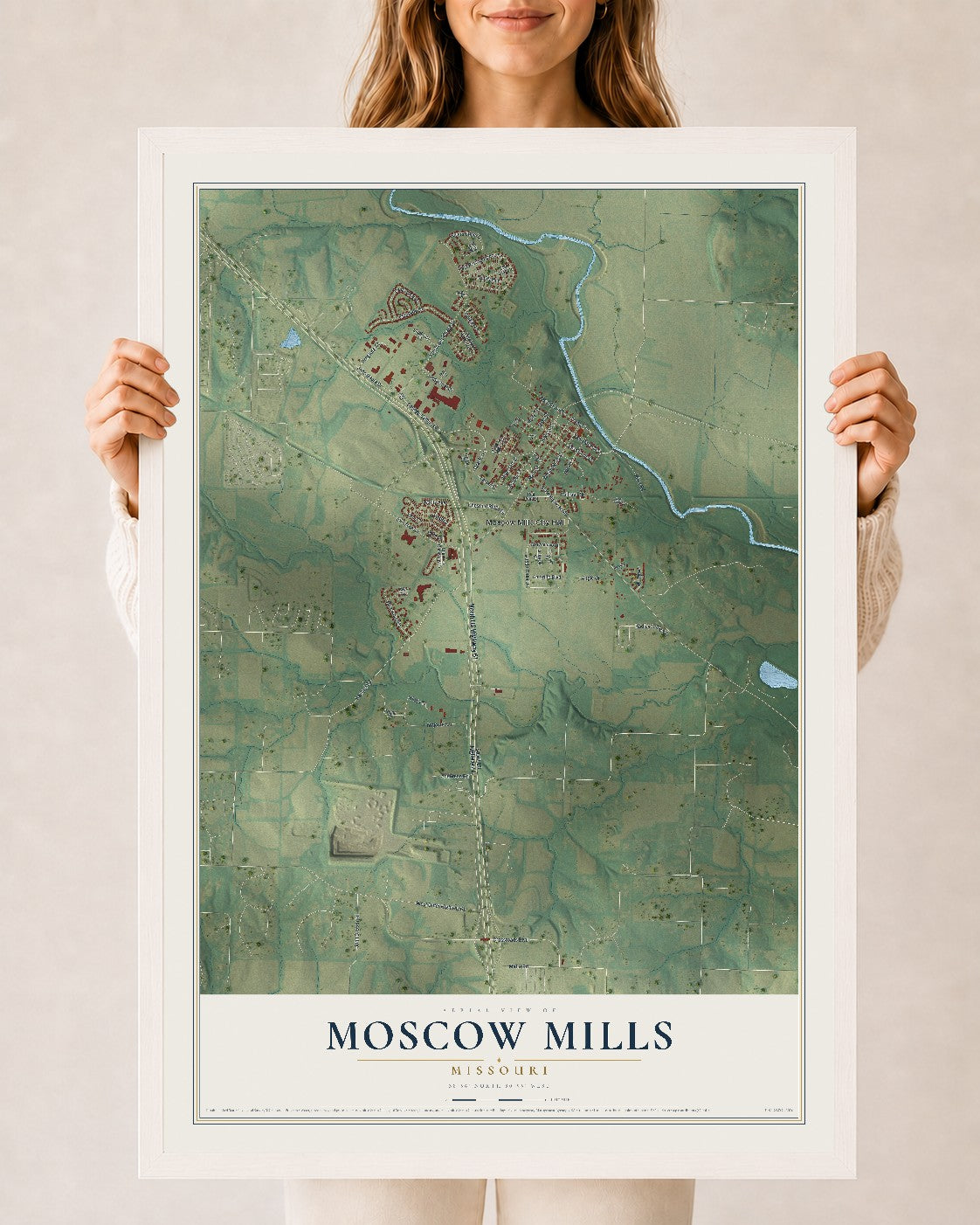 Map of Moscow Mills, Missouri, 24 x 36 inch print in a white wood frame