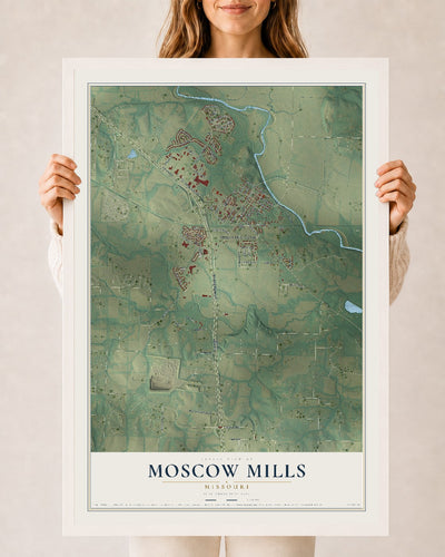 Map of Moscow Mills, Missouri, 24 x 36 inch print in a white wood frame