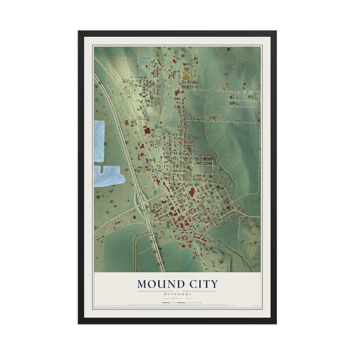 Map of Mound City, Missouri, 12 x 18 inch print in a black wood frame