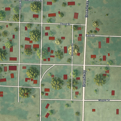 Close-up of the map of Moundville, Missouri print showing street and building detail